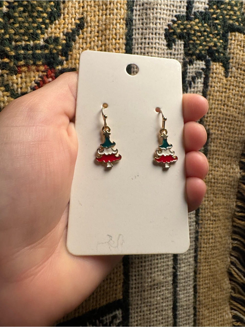 Gold-Tone Green and Red Christmas Tree Drop Earrings